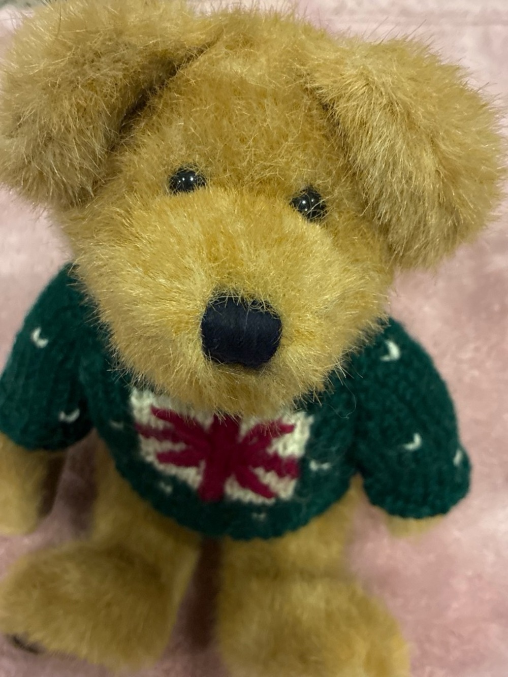 Plush Teddy Bear in Green Sweater with Red White Motif